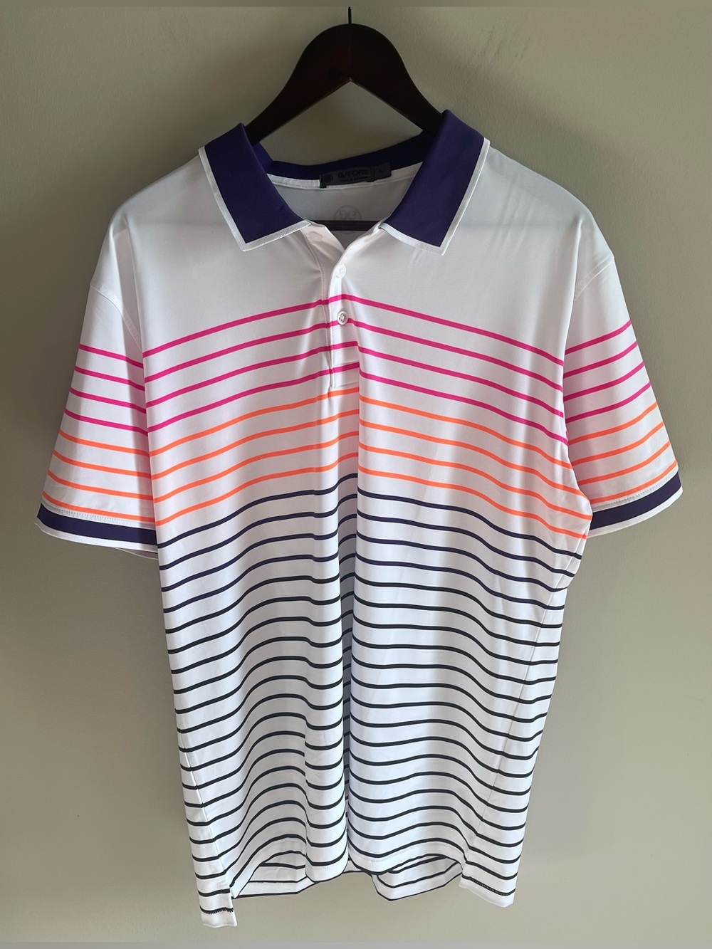 Men's gfore White Polo Shirt with Pink, Orange & Navy Stripes size large
